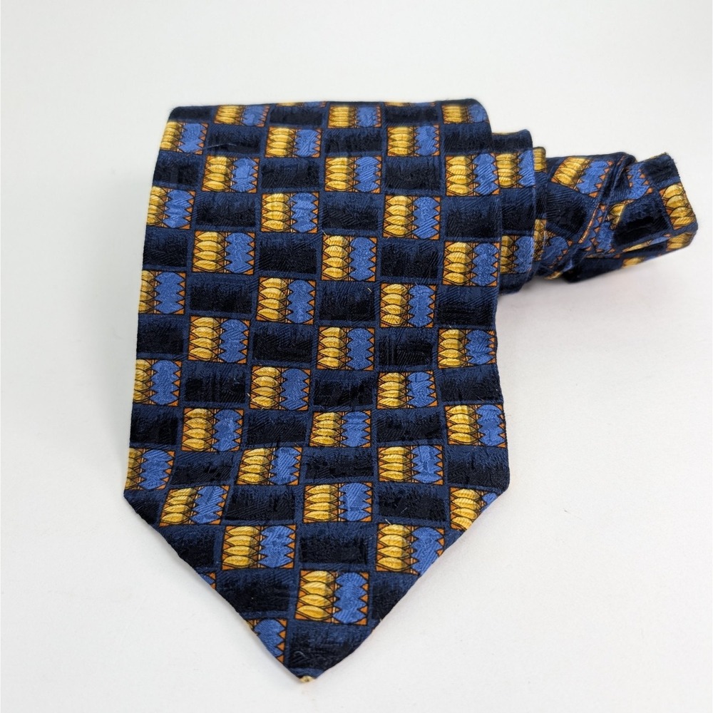 Ermenegildo Zegna 100% Silk Tie Made In Italy Geometrical Black Blue Yellow 58x4